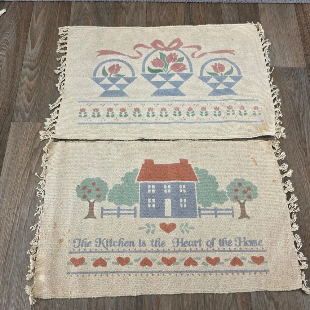 Vintage Country Folk Art Woven Placemats‎ Set 4 Saltbox House Heart Sampler Blue